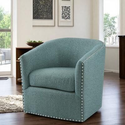 "28"" Polyester Swivel Barrel Chair with Barrel Back and Nailhead Trim and Metal Base and No Assembly"