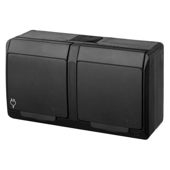 Elektro-Plast HERMES IP44 Doppel-Aufputzsteckdose mit Erdung 2x2P+Z schwarz 0322-09 (0322-09)