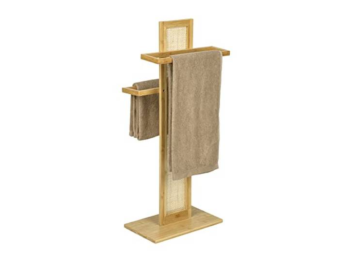 WENKO Handtuchständer Allegre, dekorativer Handtuchhalter aus hochwertigem Bambus und Rattan-Geflecht im trendigen Boho-Style, 2 Arme zum Aufhängen von Handtüchern oder Kleidung, 37 x 88 x 22 cm