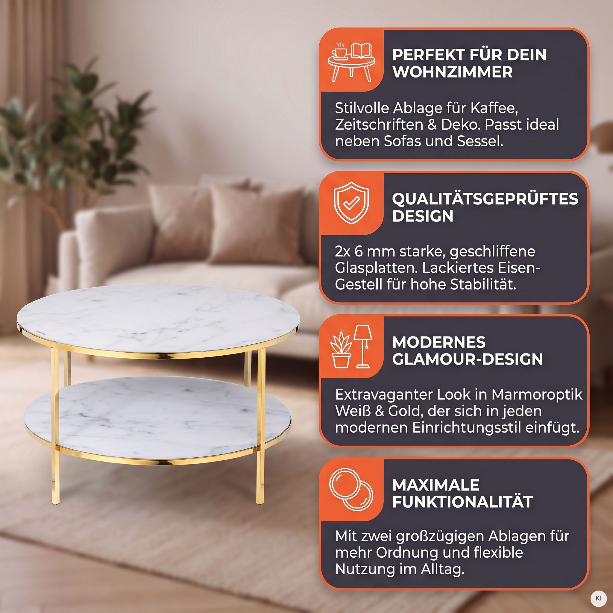 Couchtisch SALESFEVER "Caorle Coffeetable im minimalistischen Stil", weiß (weiß, gold, gold, weiß), B:80cm H:45cm T:80cm, Tische, Couchtisch, Eleganz trifft Stil: Tischplatten in Marmoroptik