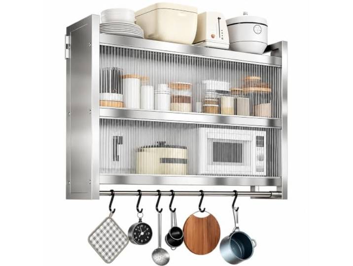 FQMYLTYN Wandhängendes Küchenregal mit Schiebetüren, Edelstahlschrank Multifunktionales Organizer-Regal mit Haken, Platzsparende Ablage für die Arbeitsplatte(70x25x71cm/28x10x28in)