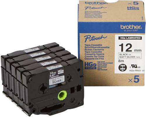 Brother HGe-M931V5 Schriftband 5er Set Bandfarbe: Silber (matt) Schriftfarbe: Schwarz 12mm 8m