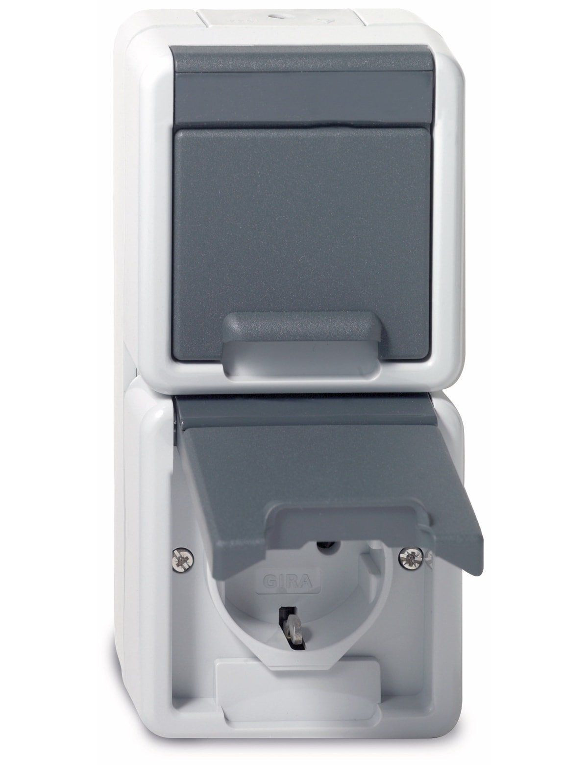 Gira Schuko dubbele stekkerdoos, opbouw, IP44, grijs of wit