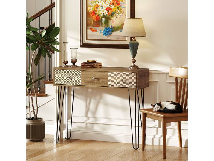 HOMCOM Table Console 3 Tiroirs Pieds Acier 90x30x75cm Marron