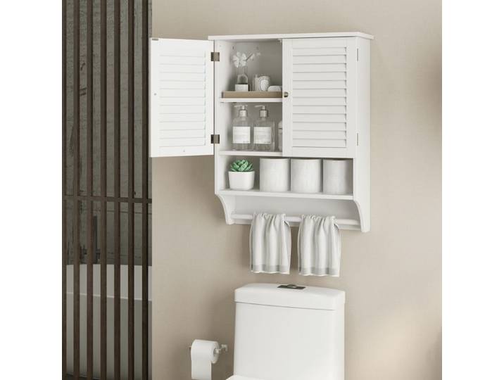 GIANTEX-Armoire Murale de Salle de Bain-Étagère Ouverte-Porte-Serviettes-Portes à Persienne-Étagère Réglable-60x22x75cm-Salon-Blanc