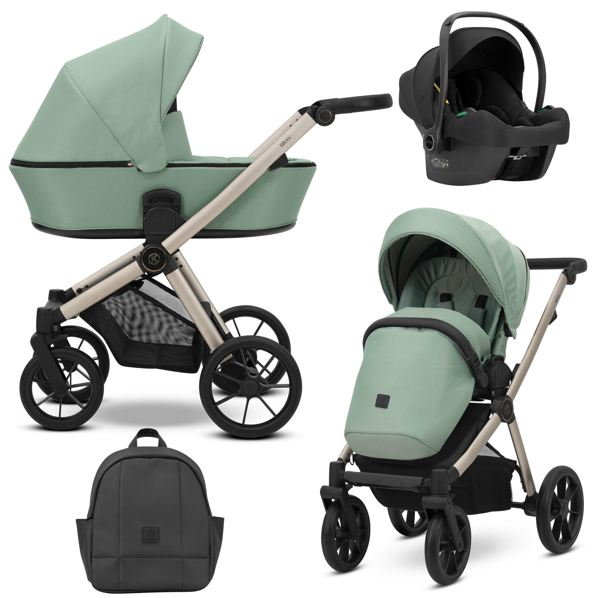 Kunert Brav 3-in-1 Kombikinderwagen Mint mit Babyschale, Champagner-Rahmen