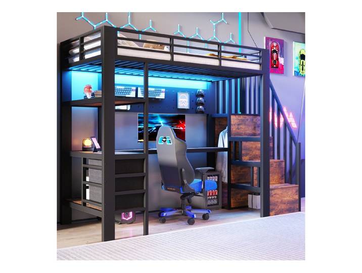 STILVORA Hochbett 90×200 mit Steckdose Metallbett mit LED-Licht ohne matratze (mit integriertem Schreibtisch und LED-Beleuchtung, mit stabilem Eisenrahmen und integriertem Arbeitsbereich) Lochwand mit LED-Lichtleiste, integrierte Steckdose