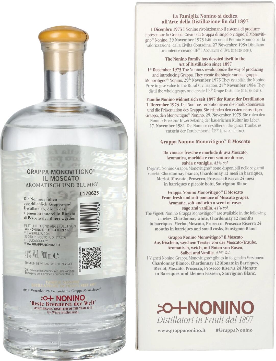 Nonino Grappa Monovitigno il Moscato 41% Vol. 0,7l in Geschenkbox