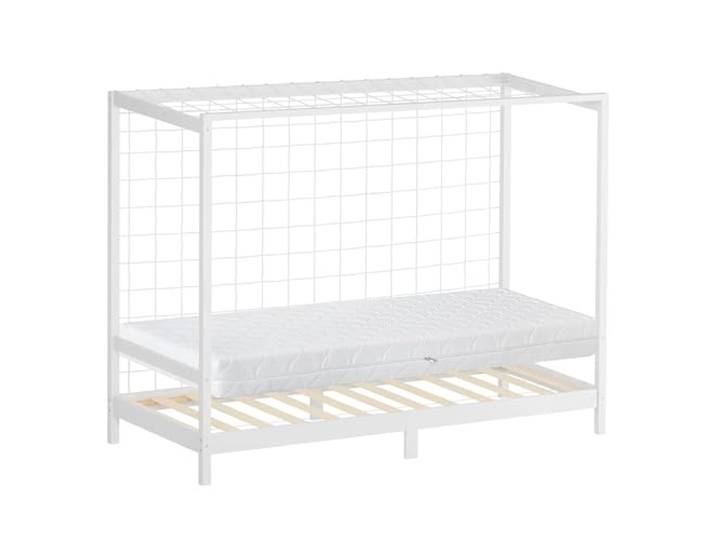 ML-Design Kinderbett Fußballtor 90x200 cm mit Matratze H:16cm, Weiß, Kinder Einzelbett, Holzbett mit Lattenrost/Tornetz, Jugendbett aus Kiefernholz, Bettgestell, Bett Fußballbett-Tor Handballtor