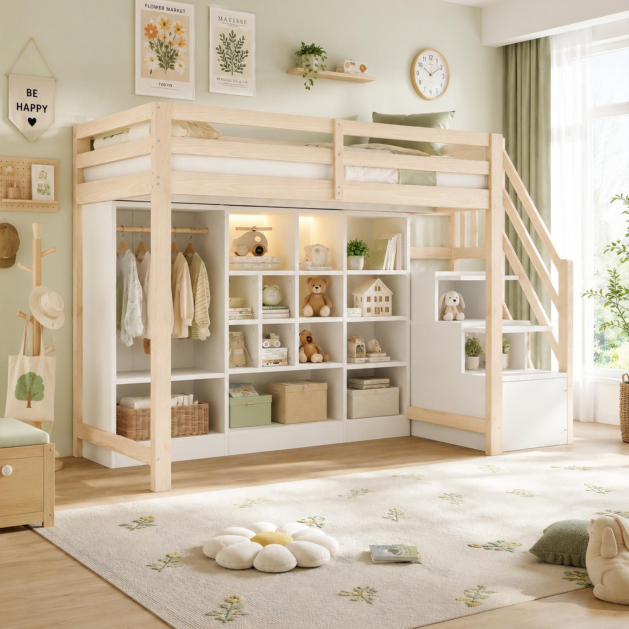MODFU Hochbett 90x200 Einzelbett mit Stauraumregale und integrierter Kleiderschrank Jugendbett mit LED-Beleuchtung,ohne Matratze,Natur+Weiß