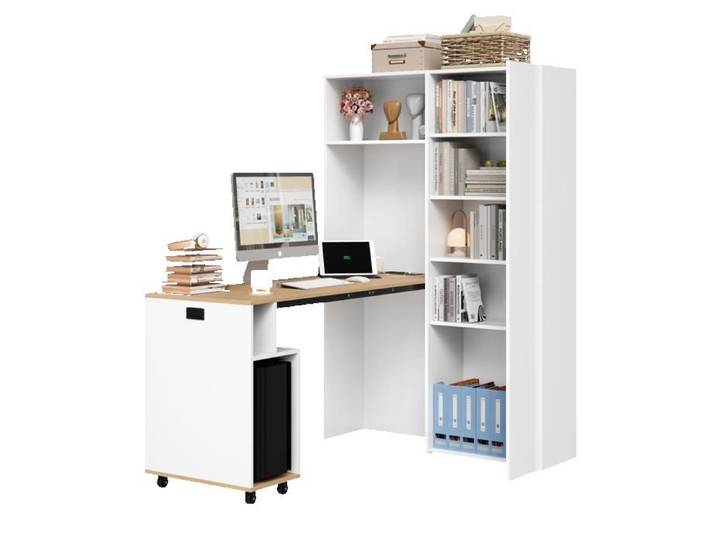 Bureau Pliant Angle Droit Blanc 104.5x30.5x160cm 2en1 Bureau Bibliothèque USB Étagères Ajustables Anti-basculement