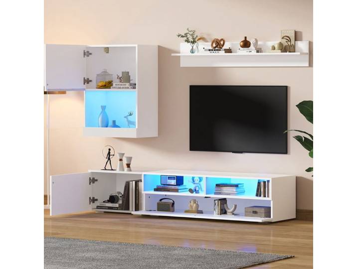 VUENOR ensemble mural TV 3 pièces blanc brillant avec LED meuble TV et vitrine