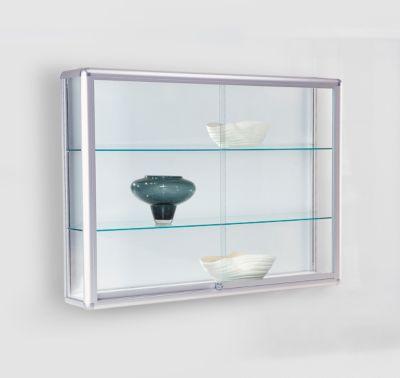 Wandvitrine BST, Brandschutzklasse B1, 3 Fächer, abschließbare Schiebetüren, B 1020 x T 300 x H 1020 mm, Aluminium/Glas/Metall, silber-weiß