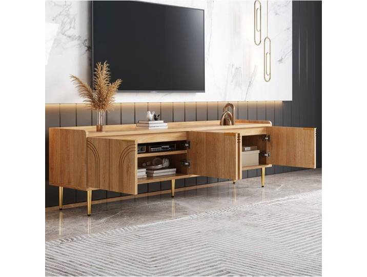 Meuble TV 170 Cm Bois Naturel Lowboard Moderne FloraGrace Pour Salon Rangement Et Passe-Cables 170x35x47 5cm