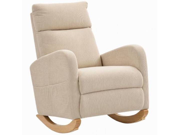 HOMCOM Schaukelstuhl Gepolsterter Schaukelsessel mit Cordstoff Beige Seitentaschen und Holzbeinen, Moderner Schwingsessel, für Kinderzimmer, Wohnzimmer, Schlafzimmer
