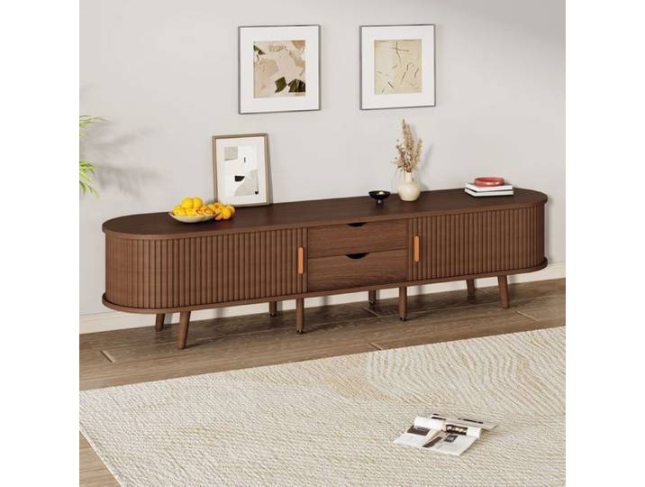 Meuble TV de salon avec 2 tiroirs 2 portes Meuble TV moderne Meuble bas avec porte télescopique Meuble TV noyer pour 75 pouces