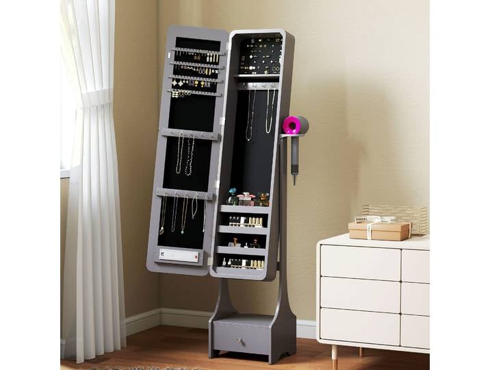 HOMCOM Armoire à Bijoux LED Miroir Pleine Longueur Gris