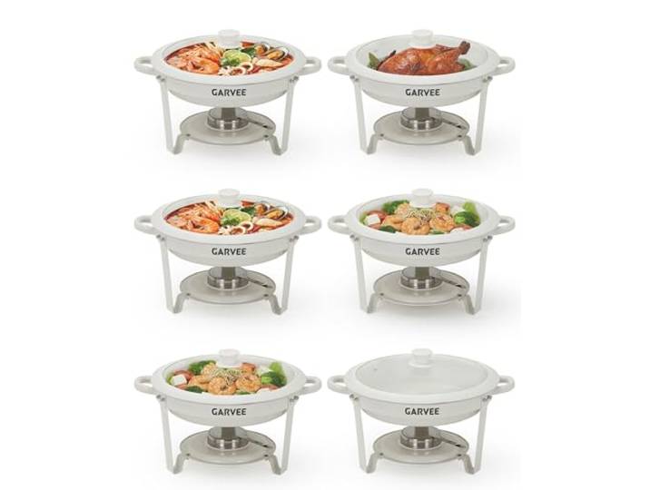 Chafing Dish Buffet 5.3L, 6er Set Weiß, Maifan Stein Beschichtung Rund Speisenwärmer für Catering mit Glasdeckel & Deckelhalter, Stapelbar für Feiern, Hochzeit, Buffet, Catering