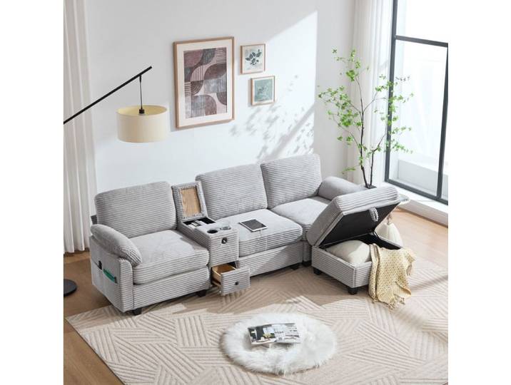 ELVORIN canapé en velours côtelé 266 x 136 x 82 cm gris clair console mobile USB Type C ottoman rangement