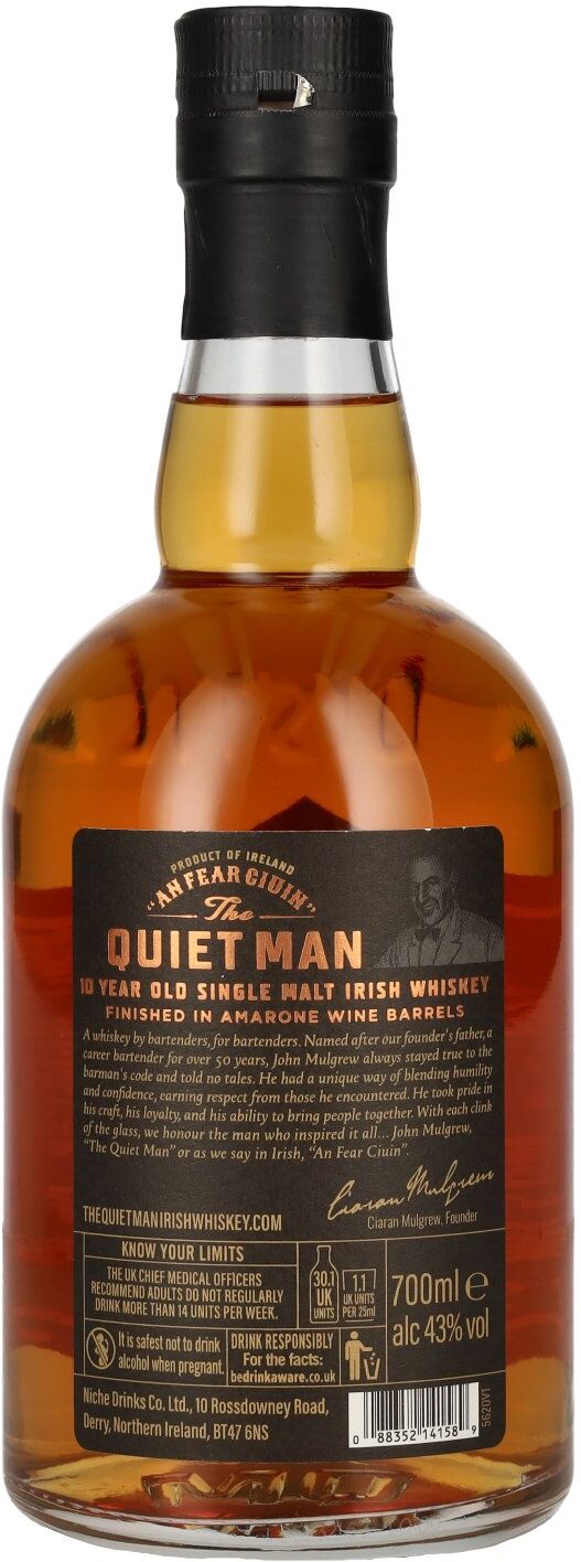 The Quiet Man Irish Whiskey The Quiet Man BARMAN'S CODE 10 Years Old AMARONE FINISHED 43% Vol. 0,7l