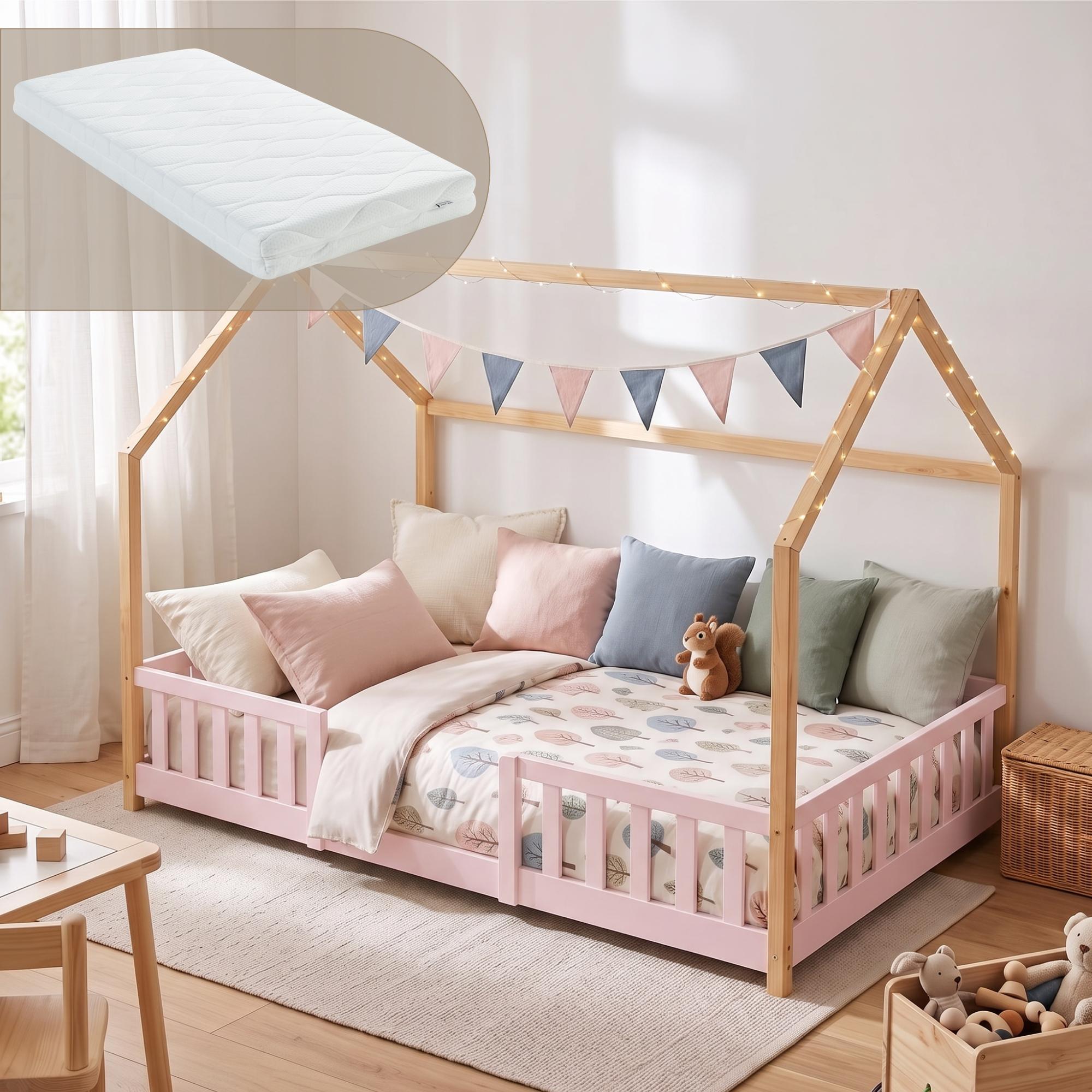 Kinderbett 'Sisimiut' Montessori in Haus-Optik mit Matratze und Rausfallschutz Kiefernholz 120x200 cm Rosa/Natur