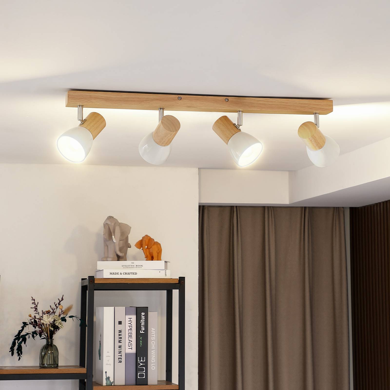 Lindby Deckenleuchte Thorin, 67 cm, 4-flg., weiß, Holz, E14 Thorin Lindby, dimmbar, Holz dunkel, für Wohn- / Esszimmer, Skandinavisch, Strahler