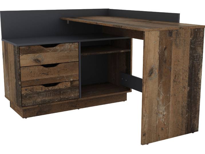 Eckschreibtisch GOODPRODUCT Bexley , braun (old wood, anthrazit, old wood, old wood), B:129cm H:83,5cm T:105cm, Tische, Eckschreibtisch, mit viel Stauraum, Breite 129 cm, rechts oder links montierbar