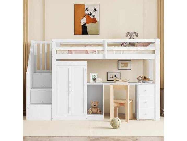 Idemon 90 x 200 cm, Hochbett mit Kleiderschrank und Treppe, weiß mit Kleiderschrank & Schreibtisch ,Multifunktionsbett mit Stauraum-Treppe, 3 Schubladen & Lattenrost – Platzsparendes