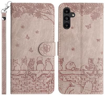 Inspired Deals Cute Cat Embossed Wallet Phone Case For Samsung Galaxy With Card Holder And Lanyard For Samsung Galaxy S24 grey