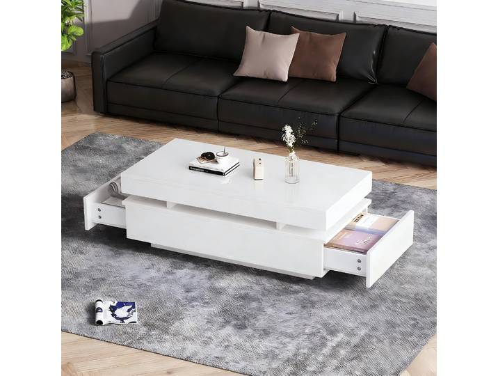 STILVORA Couchtisch mit 2 Schubladen und offener Lagerfläche, Beistelltisch mit LED-Beleuchtung, Wohnzimmertisch multifunktional für Sofa, Teetisch, Weiß