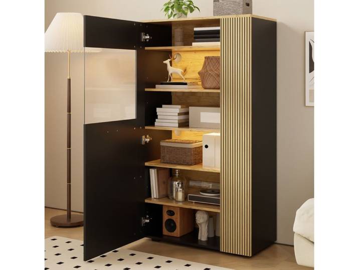 VUENOR Vitrine de rangement 80 x 40 x 146 cm noir et décor bois avec LED 16 couleurs