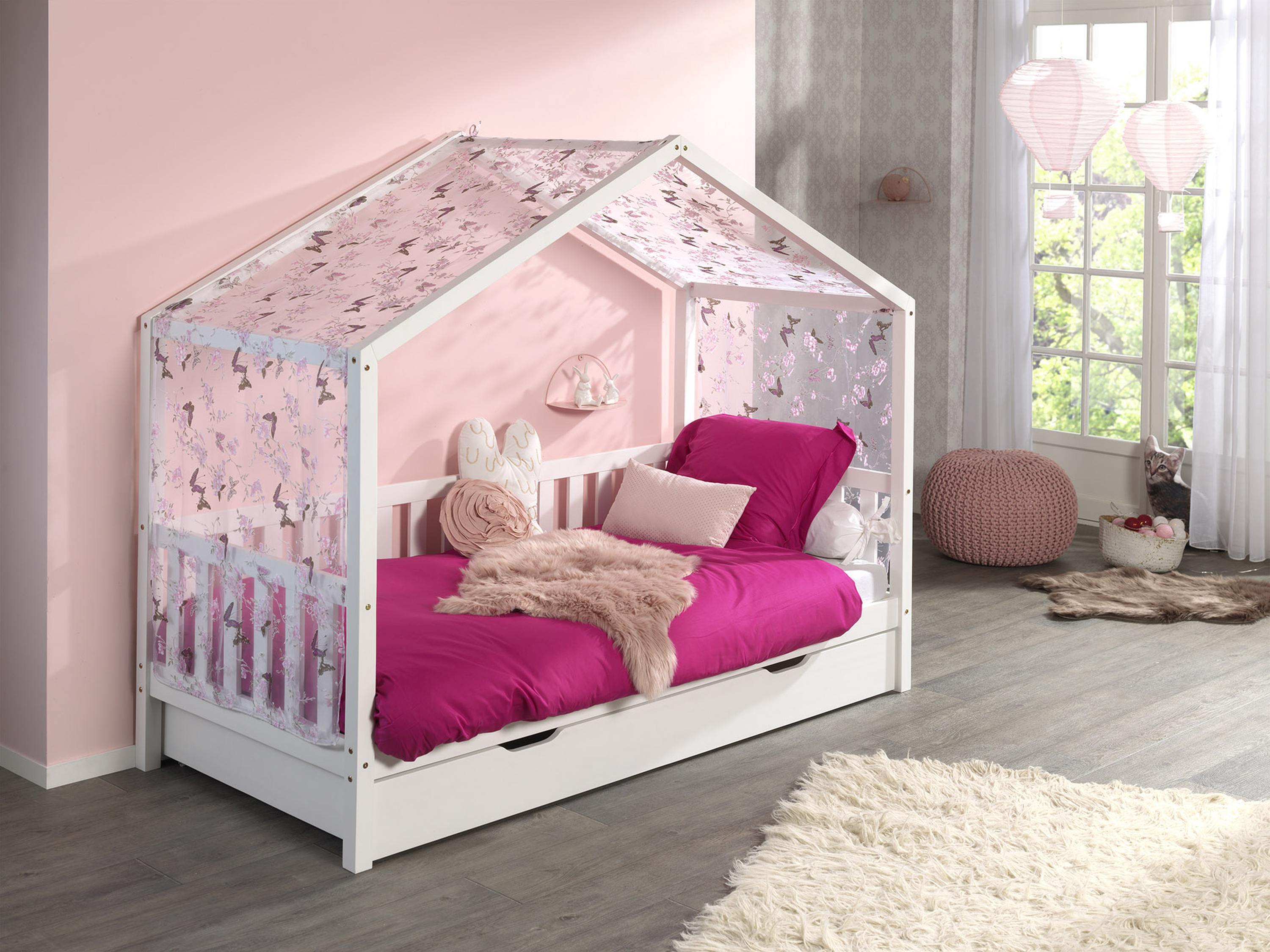 Vipack Dallas 1 Hausbett mit seitlicher Umrandung 90 x 200 cm Liegefläche, Bettschublade und Textilhimmel, Weiß