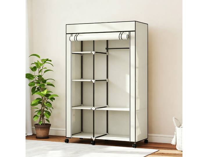 HOMCOM Armoire Tissu Crème 6 Roulettes Tringle 103x43x162,5cm