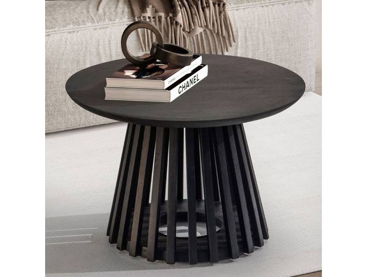 Table Basse Ronde Bois Massif Noir - WOHNLING - 60x60x41 cm - Salon Moderne