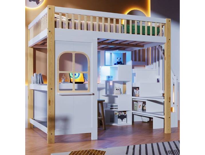 Lit mezzanine - SOGEU - Lit Mezzanine 140x200 cm - Bureau intégré - LED - Escalier rangements