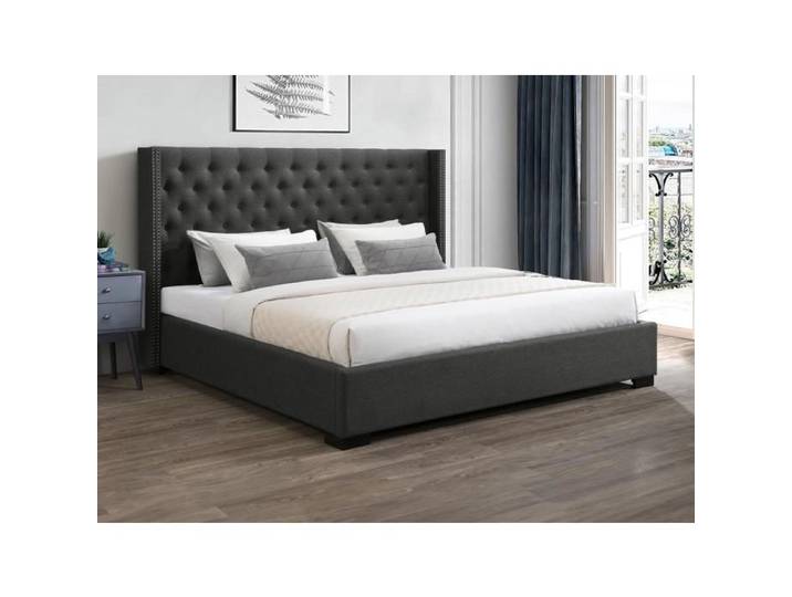Lit 200 x 200 cm avec tête de lit capitonnée - Tissu - Gris - MASSIMO