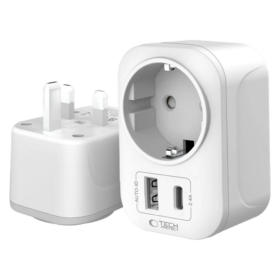 Tech-Protect Ta100 Reiseadapter Uk Nach Eu Weiss (5906302368525)