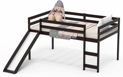 Costway Twin Size Low Sturdy Loft Bed with Slide Wood-Dark Brown
