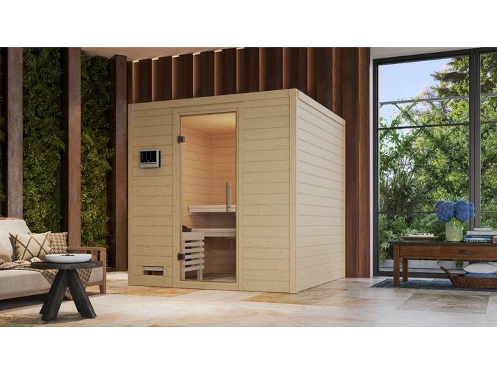 Sauna KARIBU Menja , beige (naturbelassen), ohne Ofen, (ohne Ofen), Saunen, Sauna, ohne Ofen
