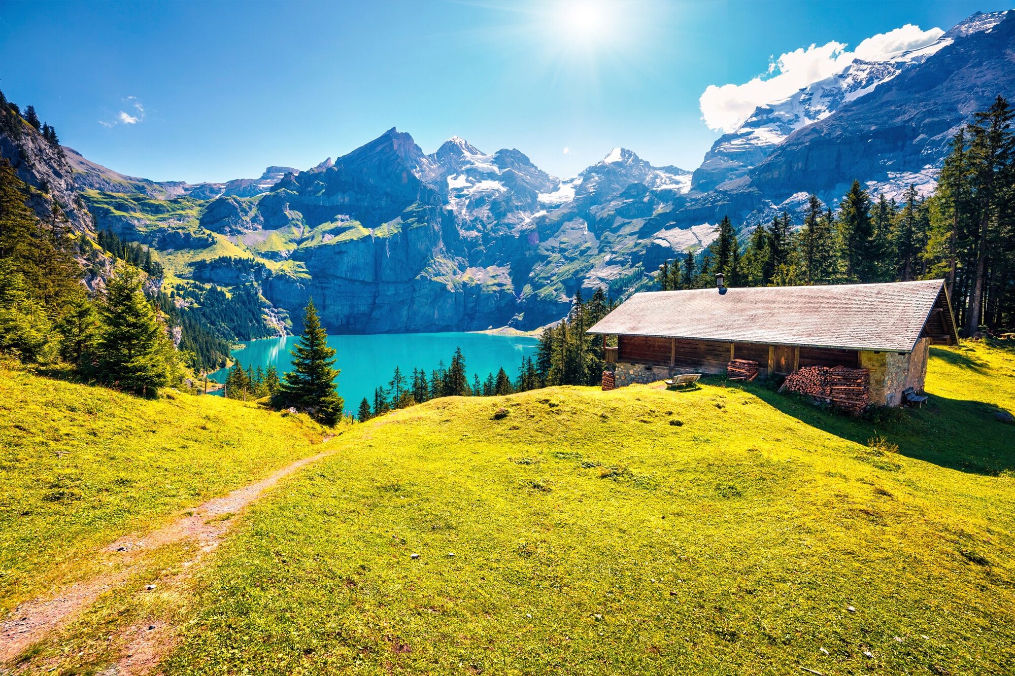 Fototapete PAPERMOON "ALPEN-SEE UND WIESE-SCHWEIZ", bunt, B:5m L:2,8m, Vlies, Tapeten, Fototapete bunt B/L: 5m x 2,8m, Bahnen: 10 Stk.