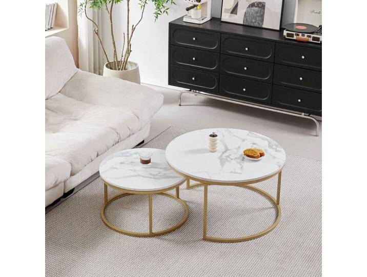Table Basse Scandinave - Table Basse Gigogne 2 Pièces - Table Basse round - Bois Marbré et Pieds en Métal Ronde - 60cm*40cm