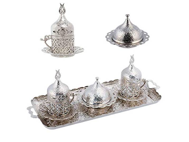 Alisveristime Ottomane Türkisch Griechisch Arabisch Espresso Kaffeetassen mit Untertasse und Deckel (2er Set) (Silber, Keramik, Tasse, coffee_cup, Kaffeetasse, 3098736031, 100 ml)