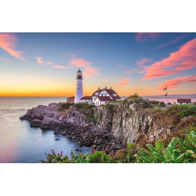 Fototapete PAPERMOON "LEUCHTTURM-PORTLAND MAINE WIESE MEER OZEAN KÜSTE STRAND", bunt, B:4m L:2,6m, Vlies, Tapeten