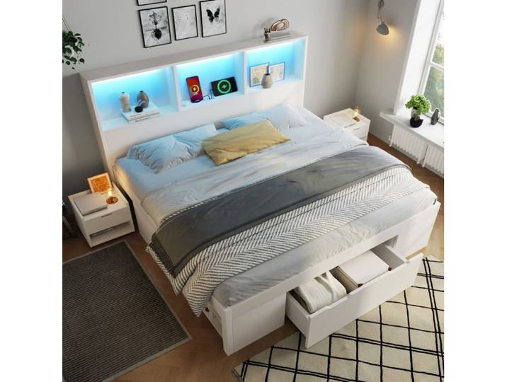 WUVRIE Lit double 140x200 cm avec rangements LED USB-C 2 chevets mobiles blanc