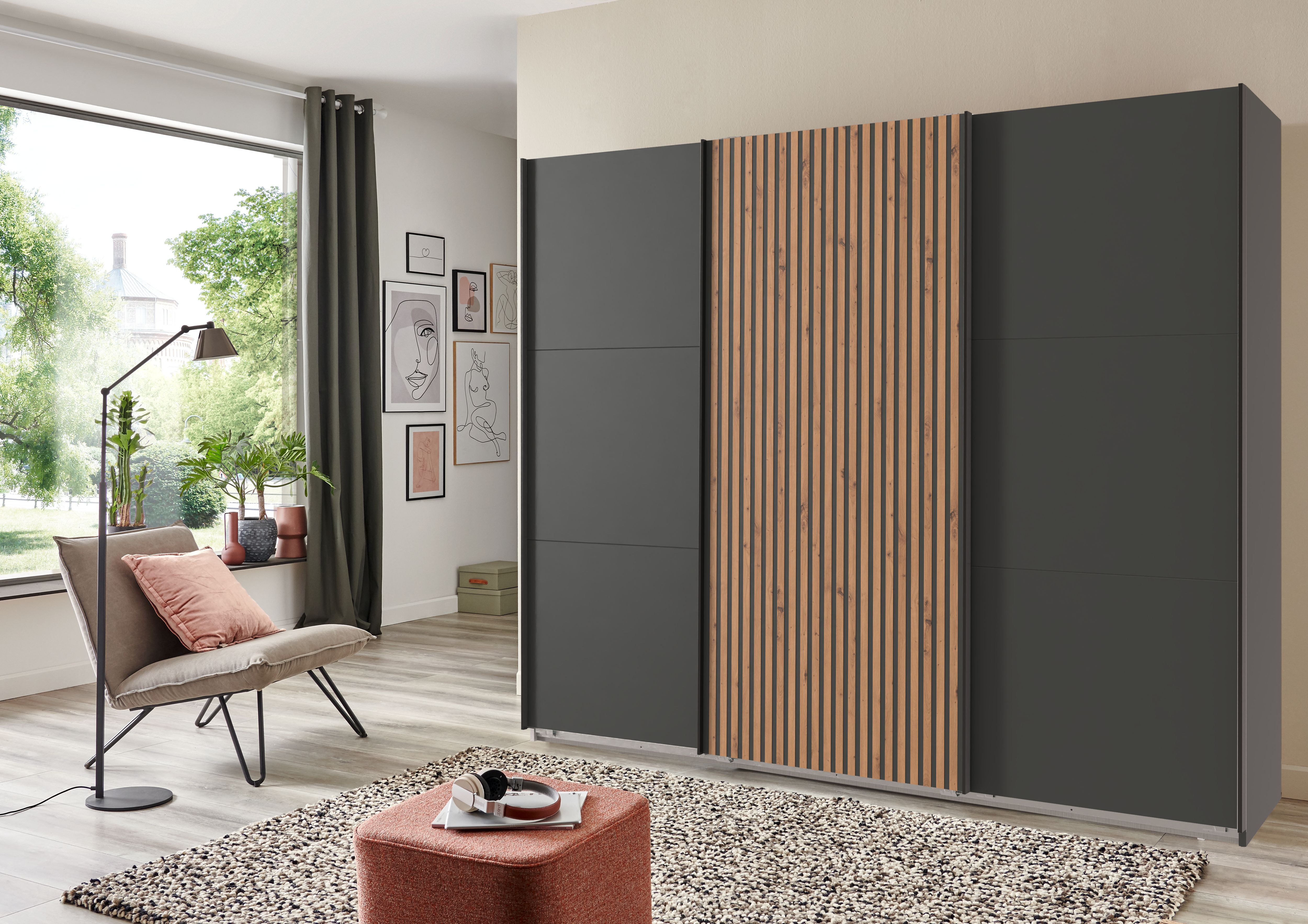 Schwebetürenschrank WIMEX "Andorra by fresh to go", schwarz (graphit, akustikpaneel optik artisan eiche nachbildung), B:300cm H:216cm T:65cm, Holzwerkstoff, Schränke, Schwebetürenschrank, Mit 3D-Leisten für Akustikpaneel-Optik graphit, akustikpaneel optik