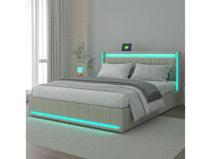 Lit double 160x200 cm – Lit rembourré 160x200 avec Éclairage LED –Rangement Intégré & Connectivité – Sans matelas – Beige