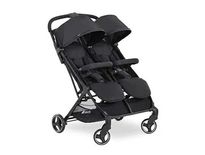 hauck Swift X Duo, Schwarz - Zwillingsbuggy für 2 Kinder ab Geburt bis je ca. 3 Jahren Max. 15 kg - Großer Korb - Einhändig Zusammenklappbar - Pannensichere Kunststoffräder - mit Liegefunktion