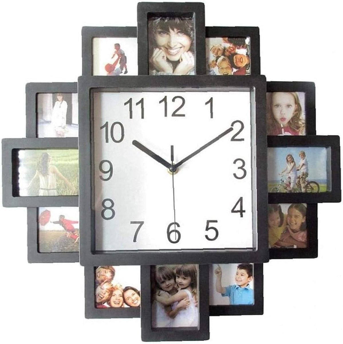 Zwarte vierkante fotolijst wandklok met 12 fotogaten voor woonkamer decoratie