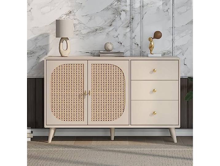 Kommode Sideboard Rattanoptik mit 2 Türen 3 Schubladen，Creme, 120x82x40 cm Stehschrank TV-Tisch Aufbewahrungsschrank mit Push to open fur Schlafzimmer Wohnzimmer Esszimmer