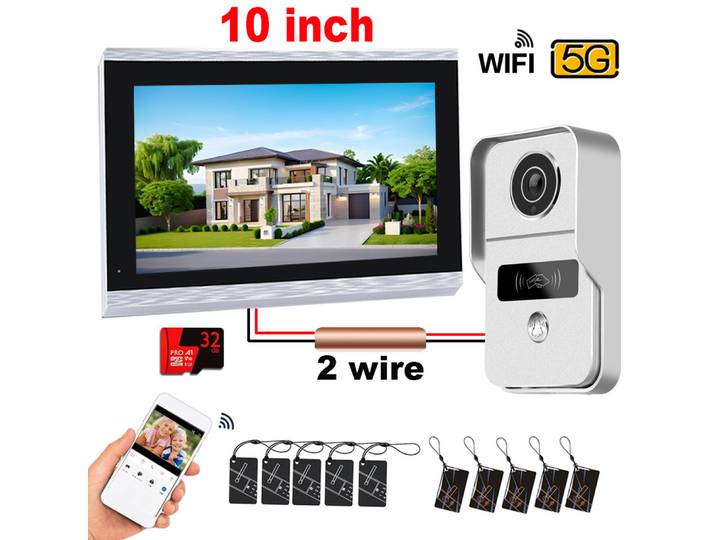 Sonnette Vidéo Wi-Fi 1080P 10 Pouces avec Écran Tactile 7'', Interphone Vidéo Intelligent TUYA pour la Maison, Kit d'Enregistrement sur Carte 32G, Moniteur, Déverrouillage par ID, 2 Fils ﻿